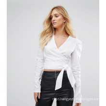 Ladies White Bandage Blouse with Long Sleeve Sexy Blouse